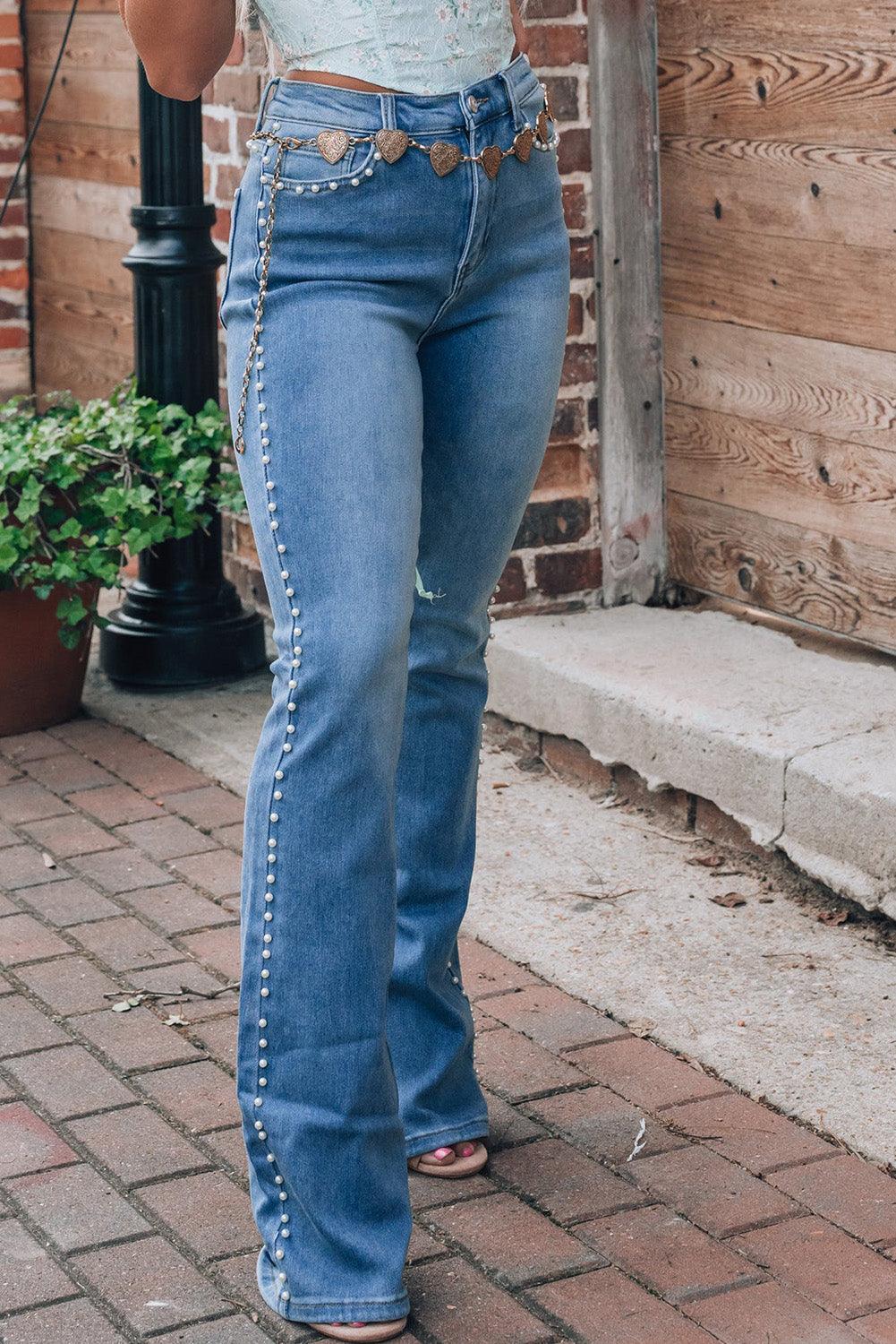 Pearl Trim High Waist Bootcut Jeans - Bona Fide Fashion