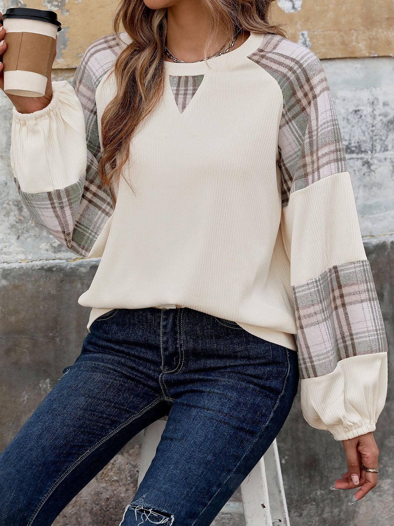 Perfee Plaid Round Neck Long Sleeve Sweatshirt - Bona Fide Fashion