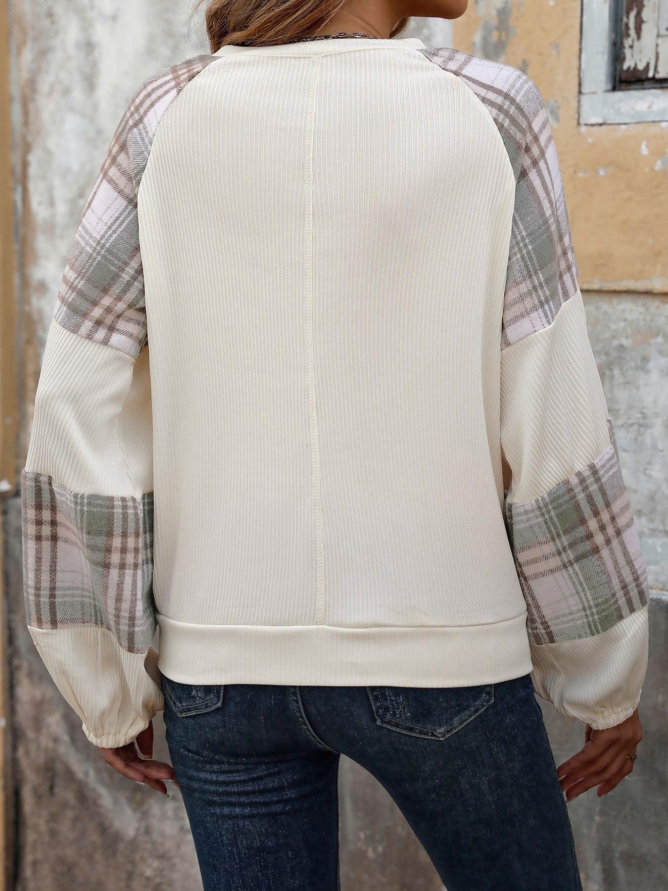 Perfee Plaid Round Neck Long Sleeve Sweatshirt - Bona Fide Fashion