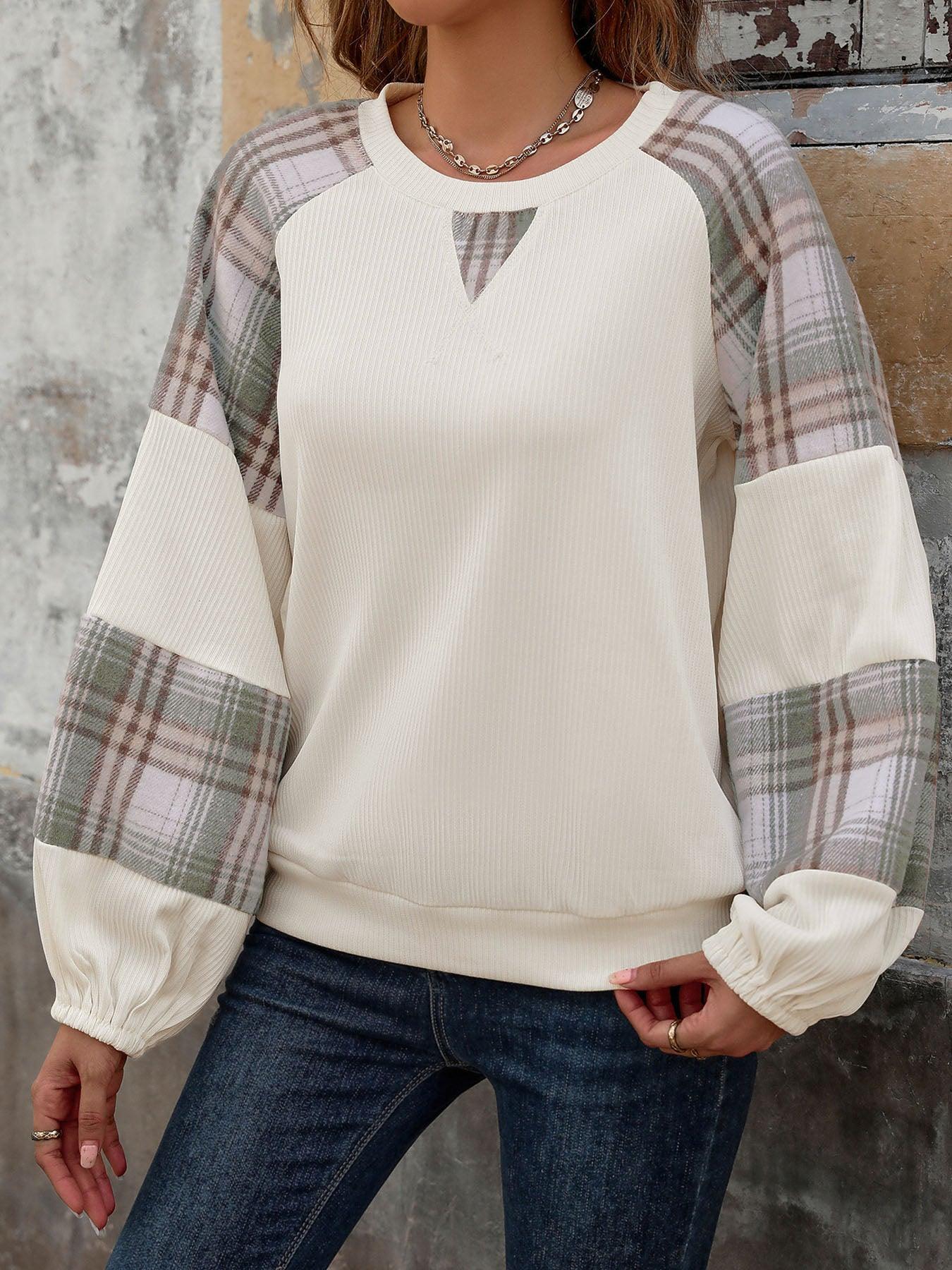 Perfee Plaid Round Neck Long Sleeve Sweatshirt - Bona Fide Fashion