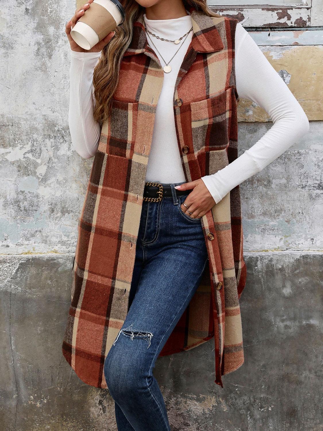 Perfee Pocketed Button Up Plaid Vest - Bona Fide Fashion