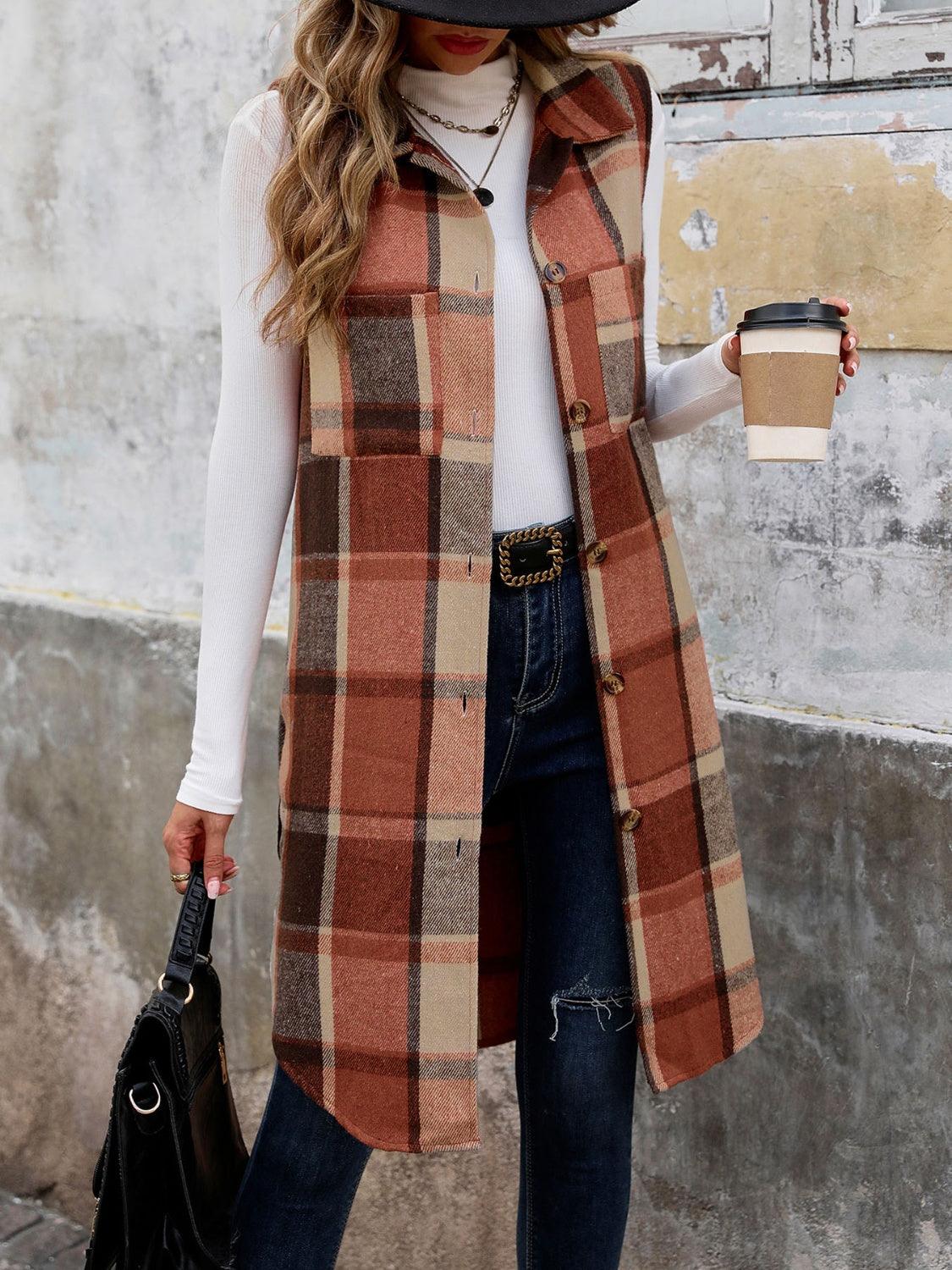 Perfee Pocketed Button Up Plaid Vest - Bona Fide Fashion