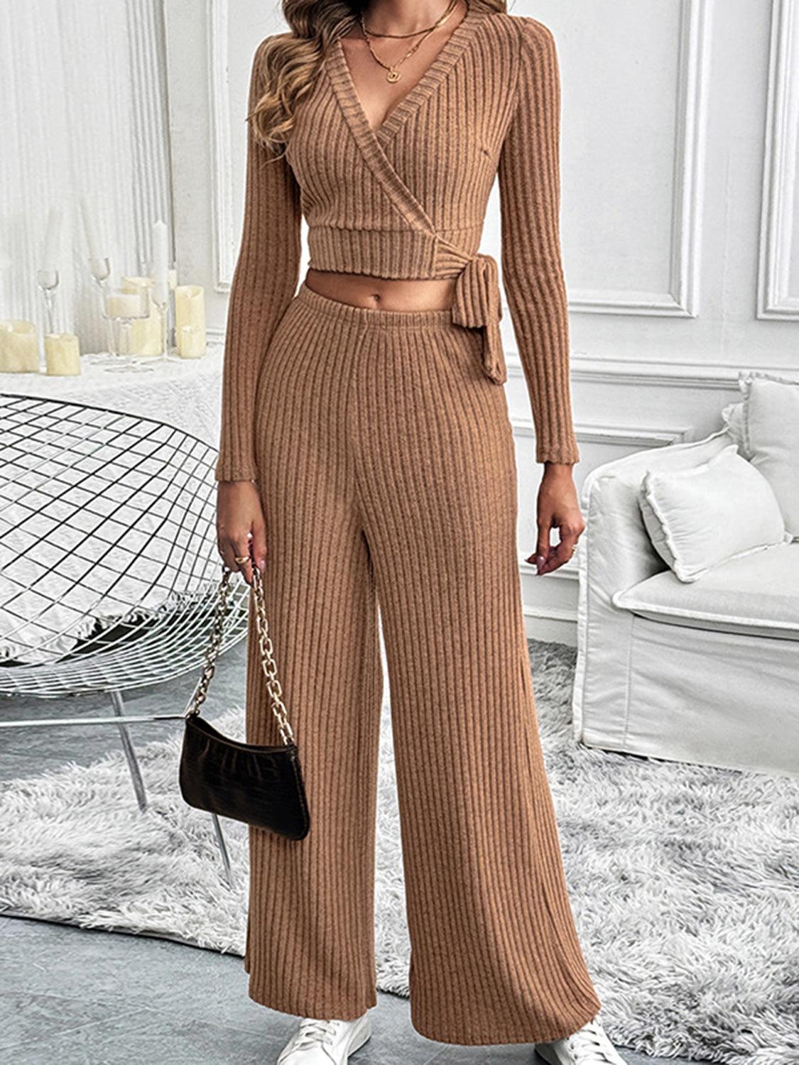 Perfee Surplice Long Sleeve Top and Pants Set - Bona Fide Fashion