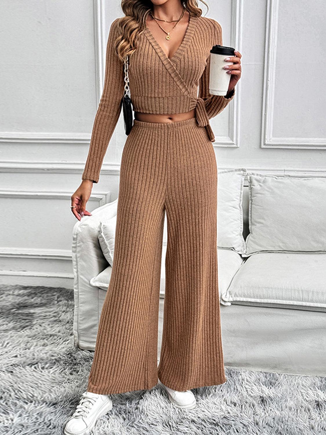 Perfee Surplice Long Sleeve Top and Pants Set - Bona Fide Fashion