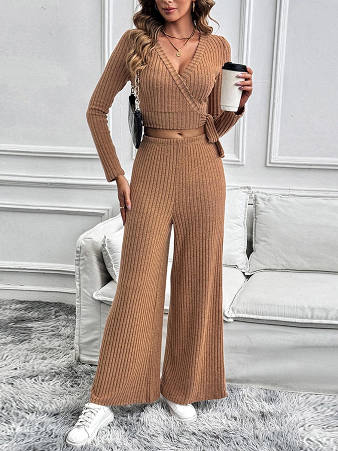 Perfee Surplice Long Sleeve Top and Pants Set - Bona Fide Fashion