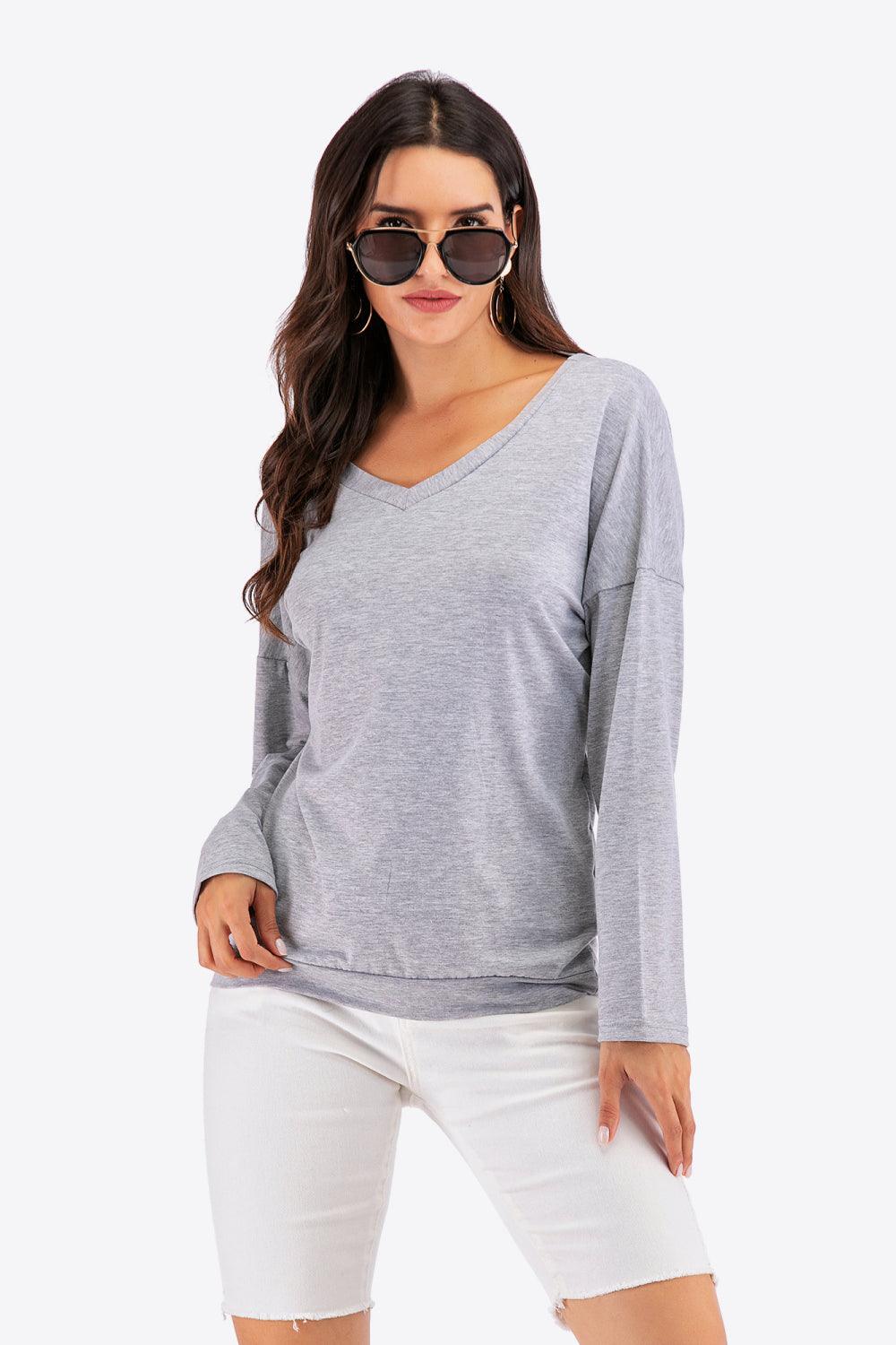 Perfee V-Neck Drop Shoulder Open Back Sweatshirt - Bona Fide Fashion