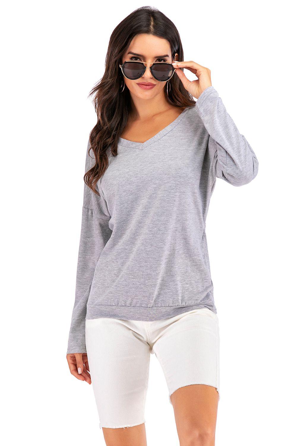 Perfee V-Neck Drop Shoulder Open Back Sweatshirt - Bona Fide Fashion