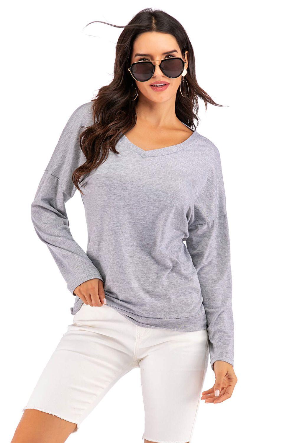 Perfee V-Neck Drop Shoulder Open Back Sweatshirt - Bona Fide Fashion