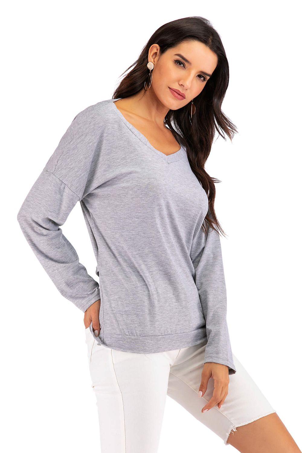 Perfee V-Neck Drop Shoulder Open Back Sweatshirt - Bona Fide Fashion