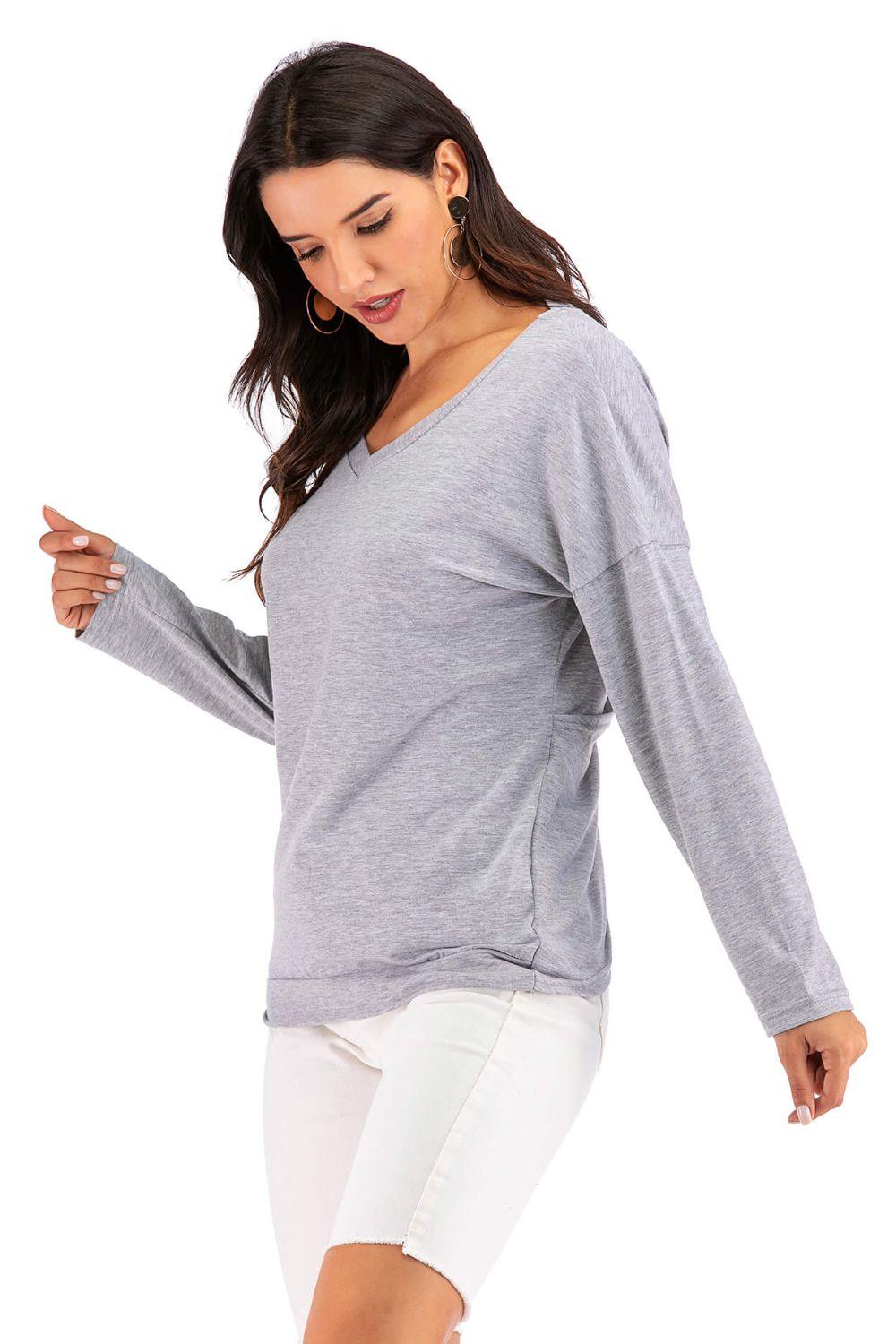 Perfee V-Neck Drop Shoulder Open Back Sweatshirt - Bona Fide Fashion