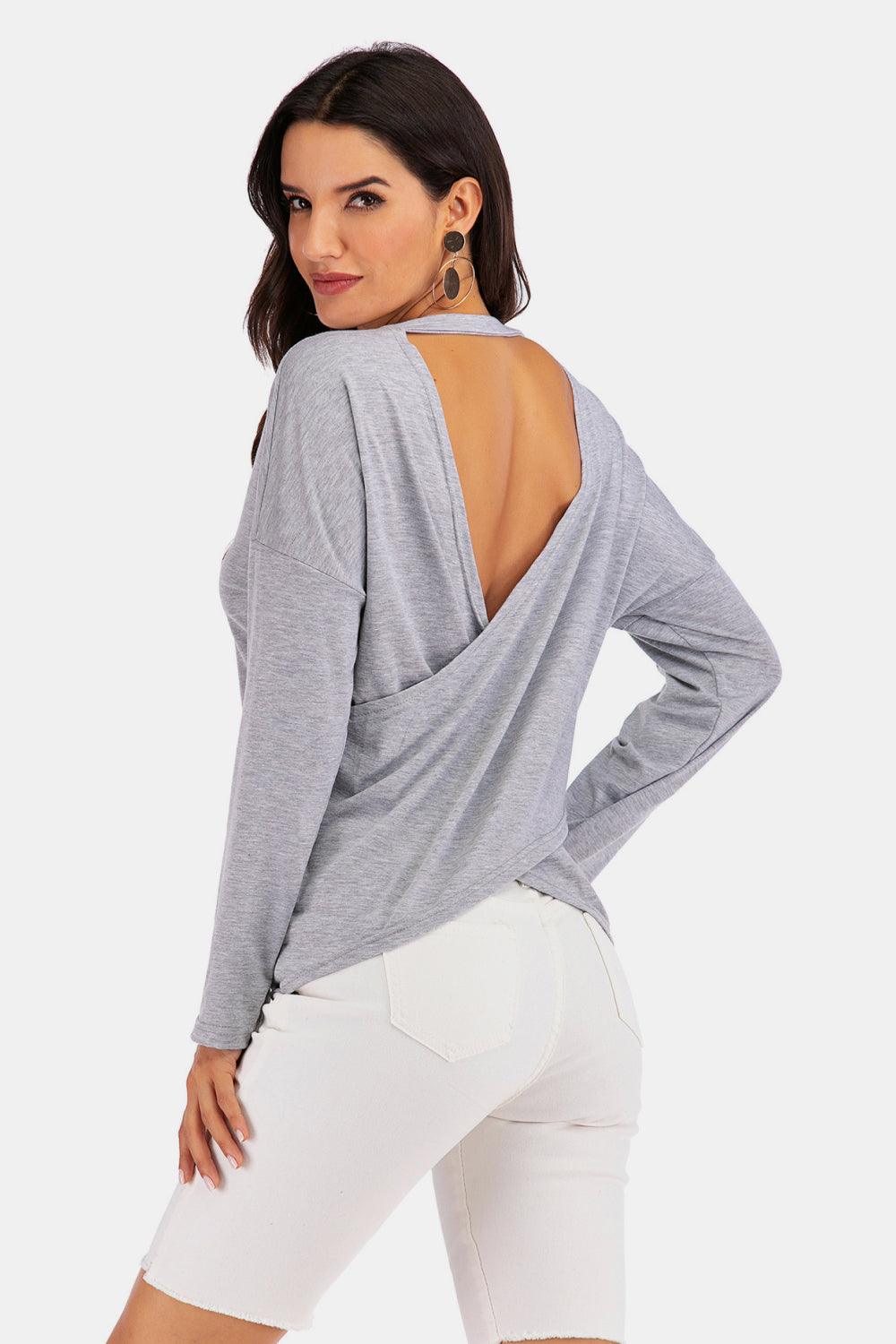 Perfee V-Neck Drop Shoulder Open Back Sweatshirt - Bona Fide Fashion