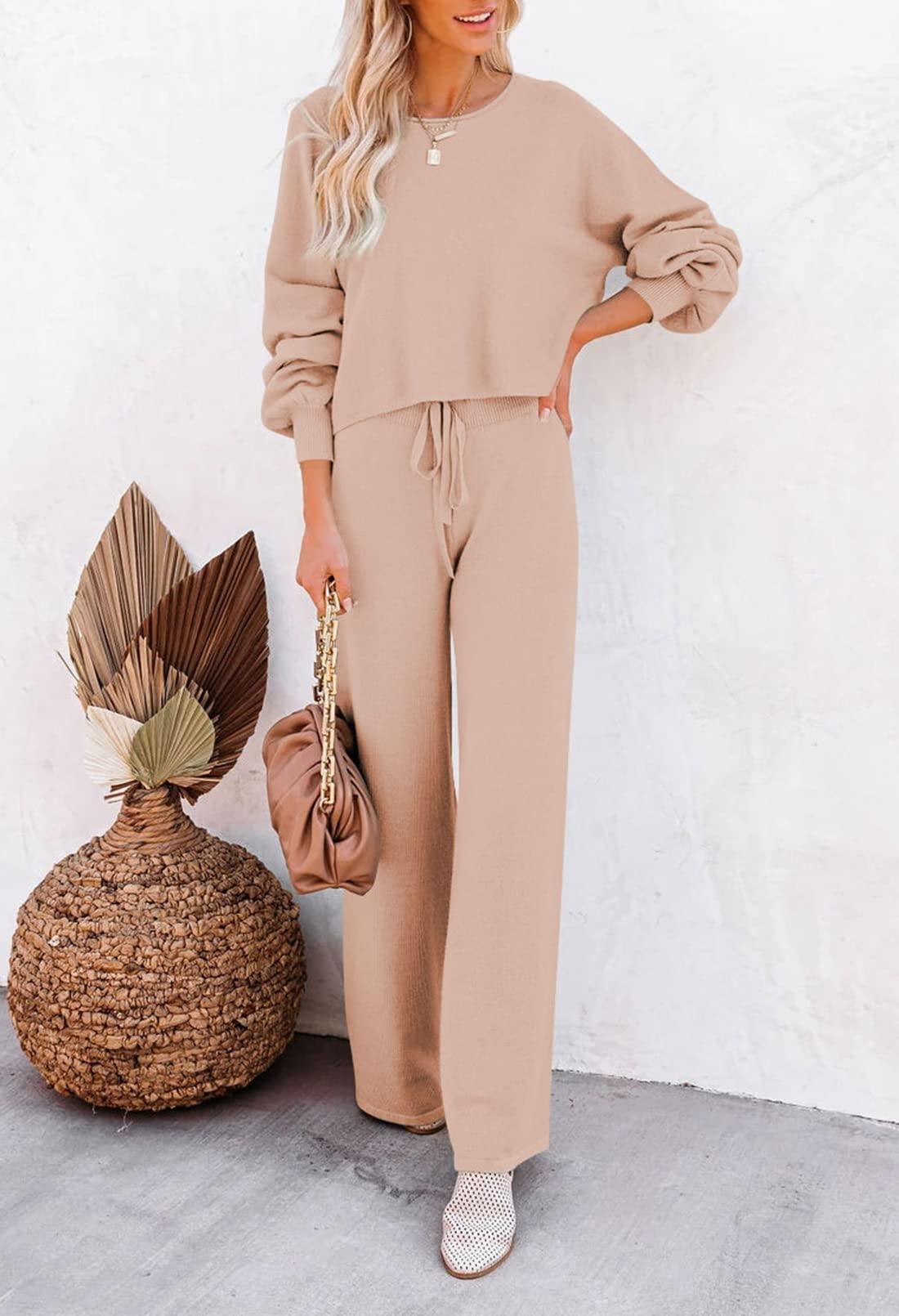 Pink Queen Women's 2 Piece Outfit Sweater Set Long Sleeve Crop Knit Top and Wide Leg Pants Sweatsuit Tracksuit Khaki M - Bona Fide Fashion