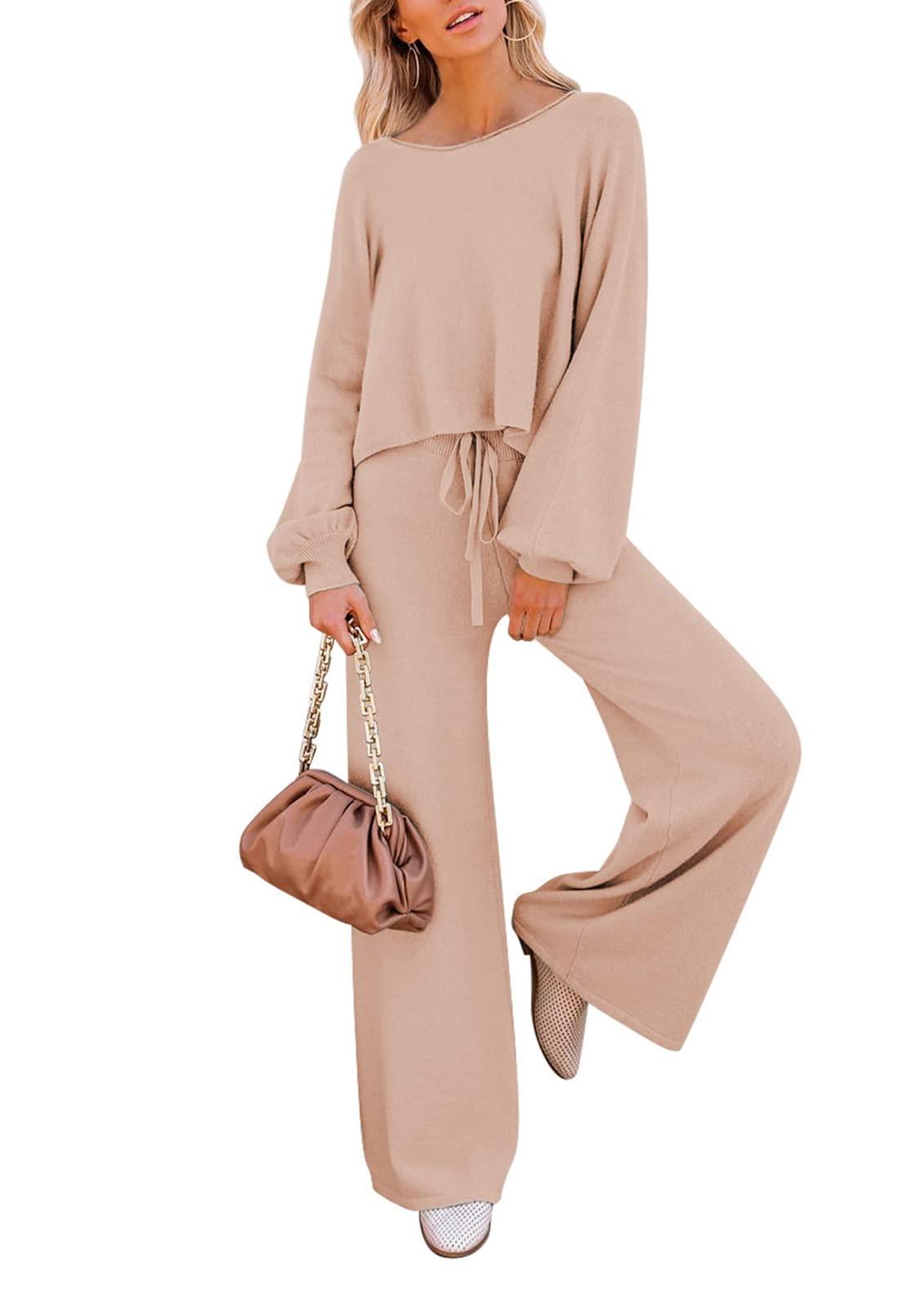 Pink Queen Women's 2 Piece Outfit Sweater Set Long Sleeve Crop Knit Top and Wide Leg Pants Sweatsuit Tracksuit Khaki M - Bona Fide Fashion