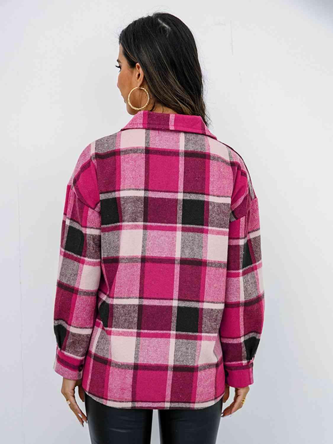 Plaid Button Up Collared Neck Jacket - Bona Fide Fashion