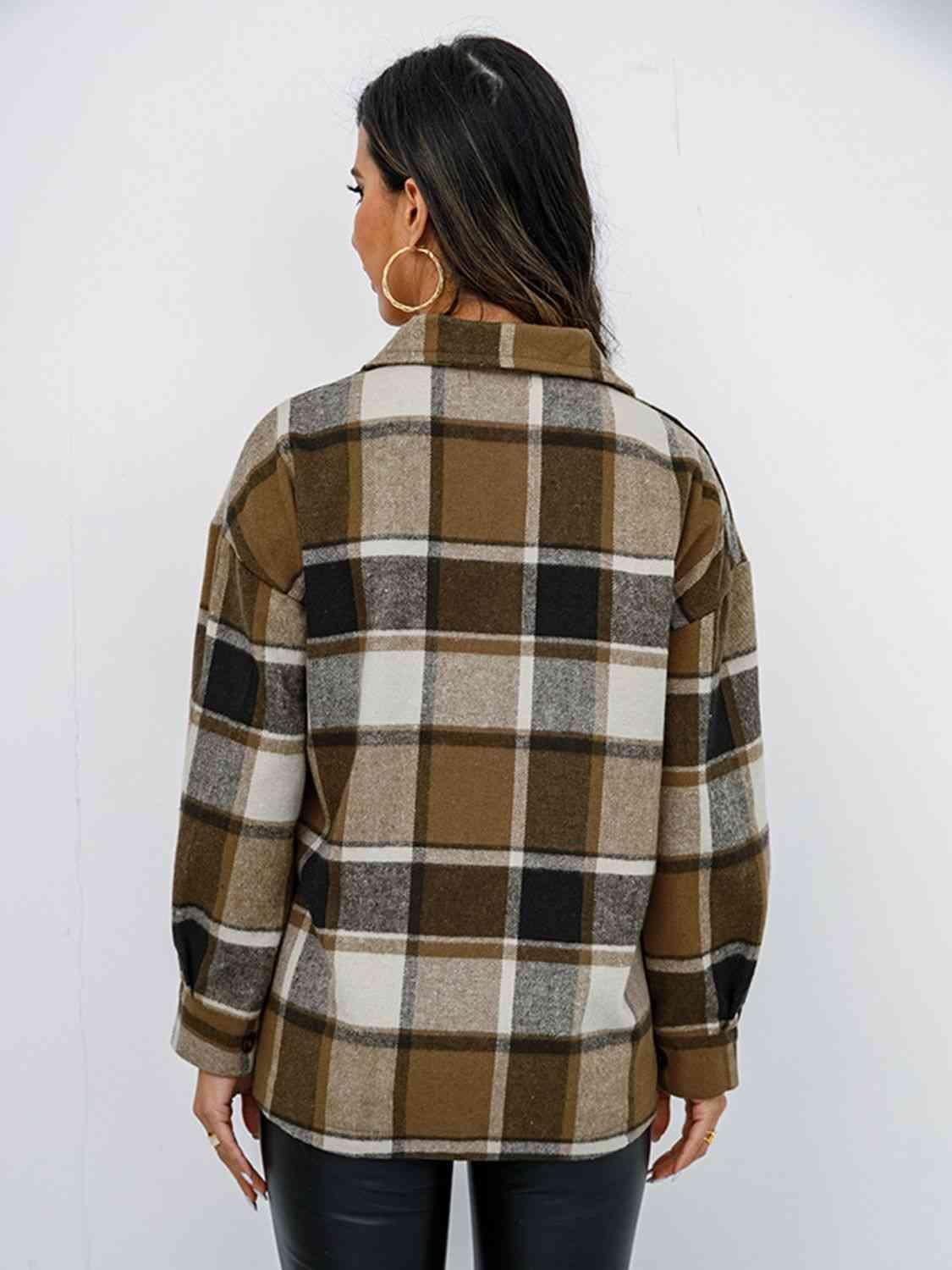 Plaid Button Up Collared Neck Jacket - Bona Fide Fashion