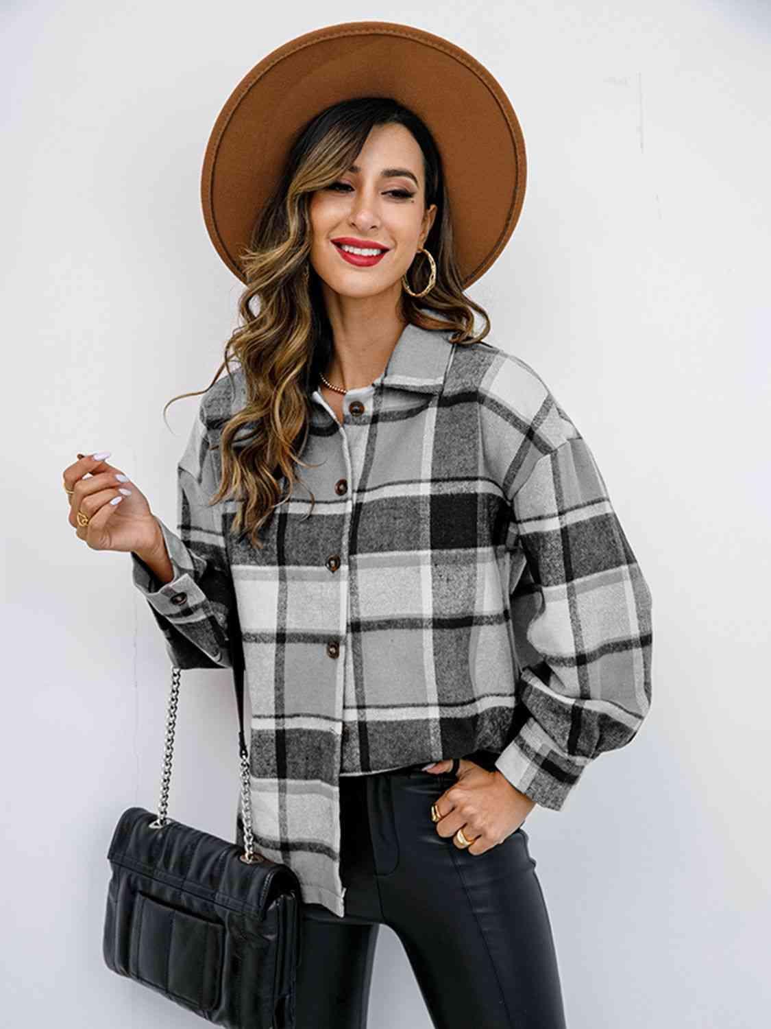 Plaid Button Up Collared Neck Jacket - Bona Fide Fashion