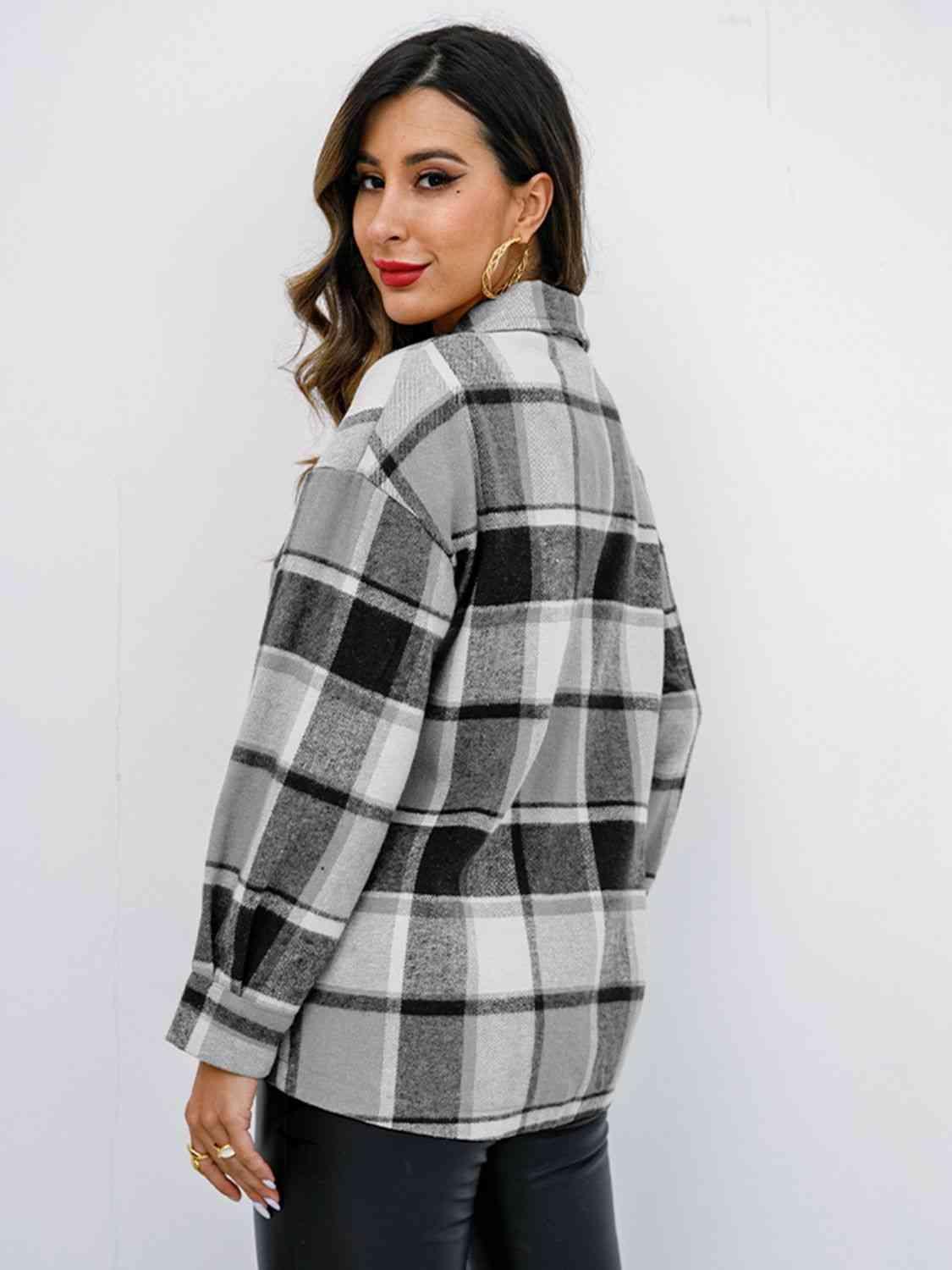 Plaid Button Up Collared Neck Jacket - Bona Fide Fashion