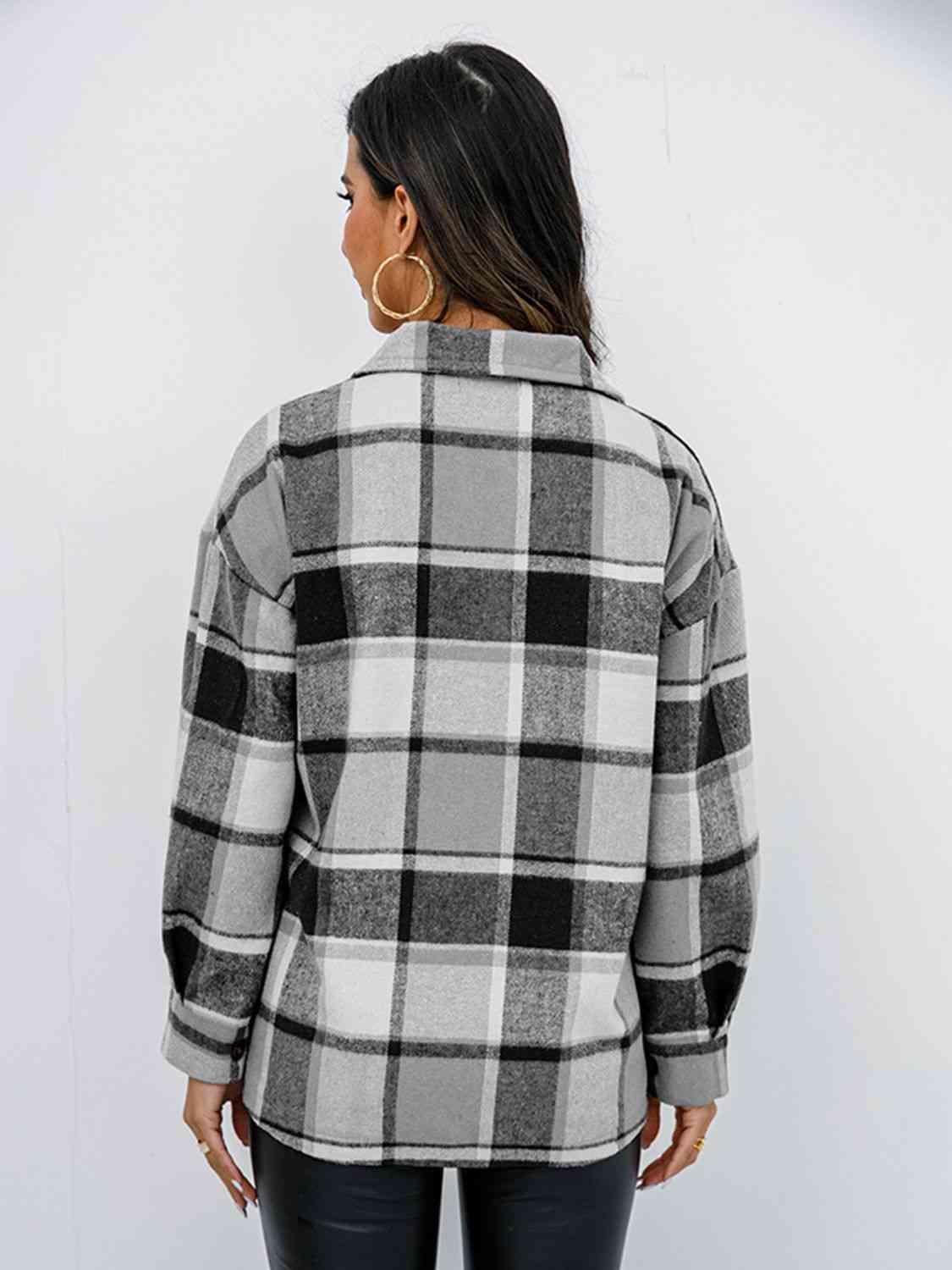 Plaid Button Up Collared Neck Jacket - Bona Fide Fashion