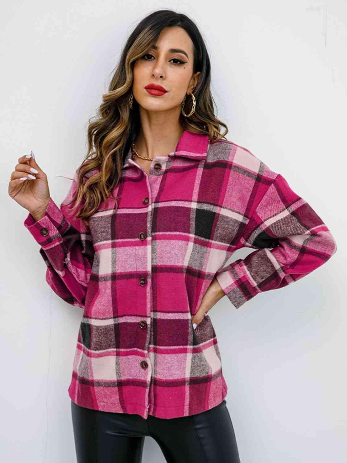 Plaid Button Up Collared Neck Jacket - Bona Fide Fashion