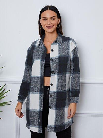 Plaid Button Up Collared Neck Outerwear - Bona Fide Fashion