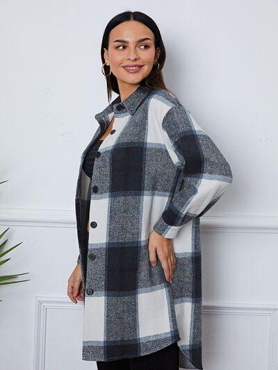 Plaid Button Up Collared Neck Outerwear - Bona Fide Fashion