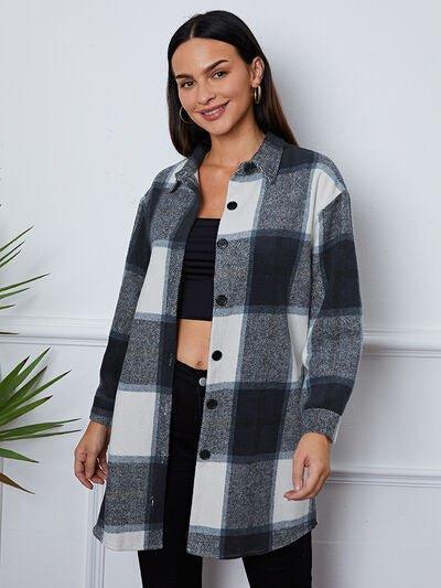 Plaid Button Up Collared Neck Outerwear - Bona Fide Fashion