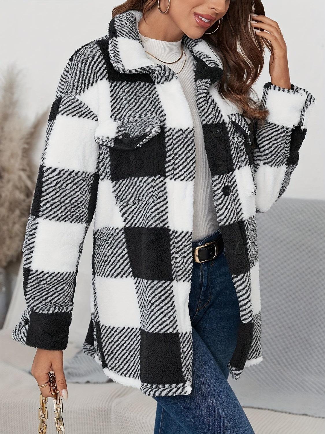 Plaid Button Up Long Sleeve Fuzzy Outerwear - Bona Fide Fashion