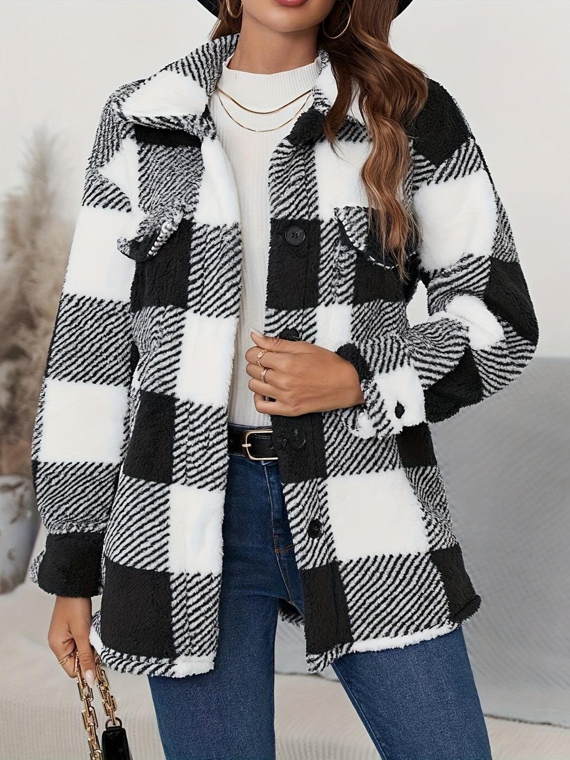 Plaid Button Up Long Sleeve Fuzzy Outerwear - Bona Fide Fashion