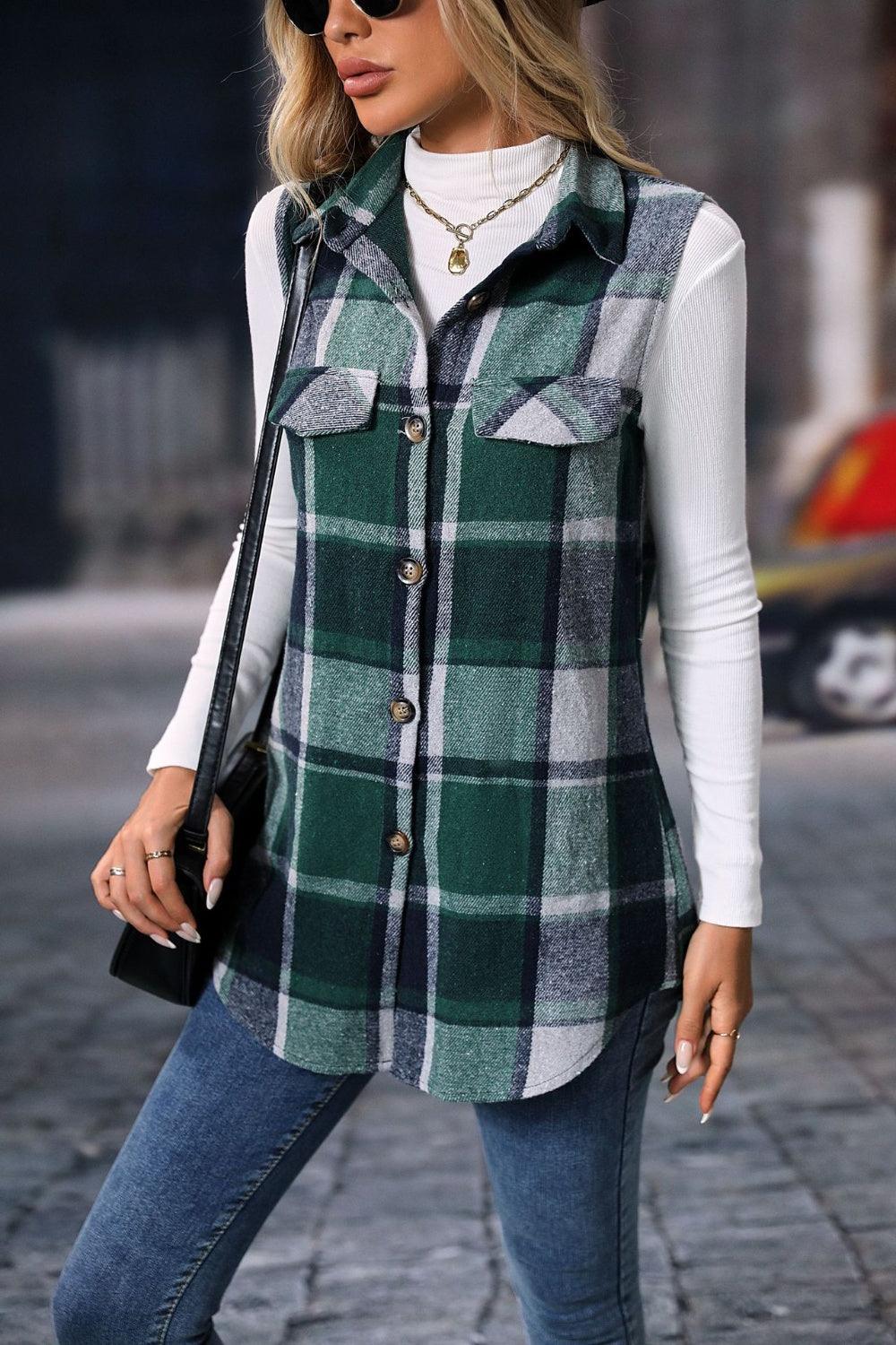 Plaid Button Up Vest Coat - Bona Fide Fashion