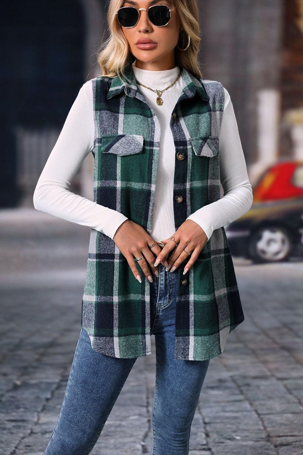 Plaid Button Up Vest Coat - Bona Fide Fashion