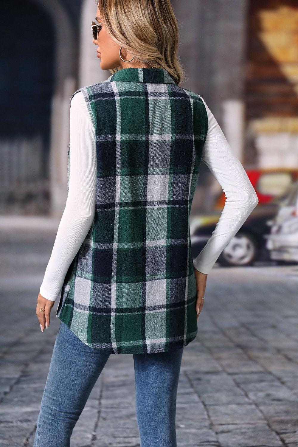 Plaid Button Up Vest Coat - Bona Fide Fashion