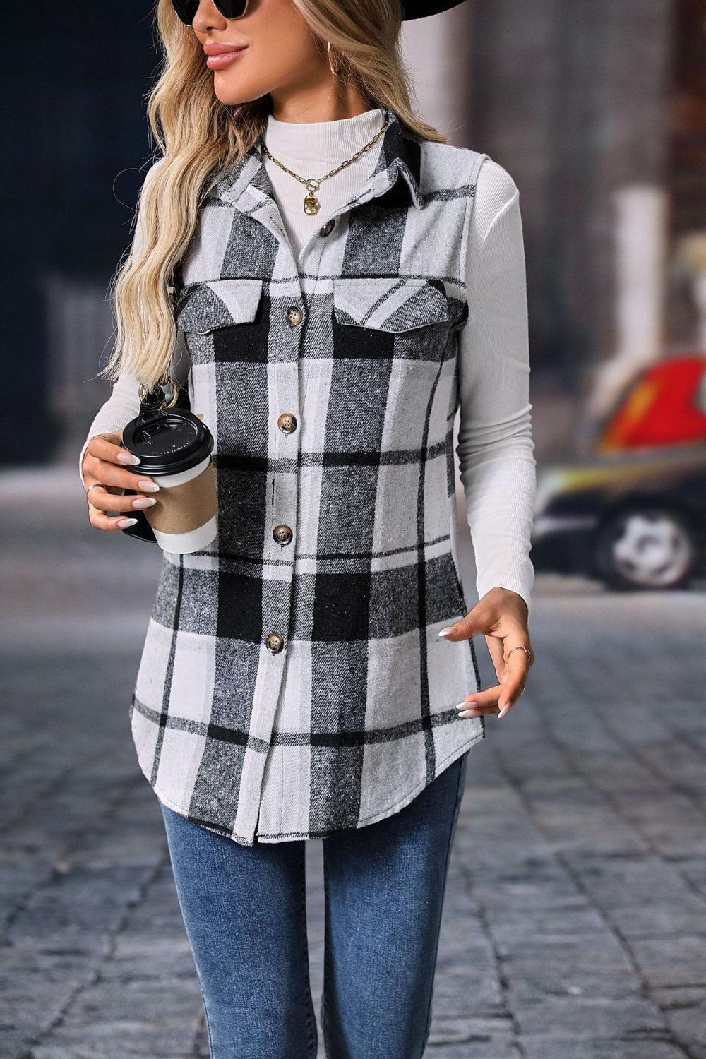 Plaid Button Up Vest Coat - Bona Fide Fashion