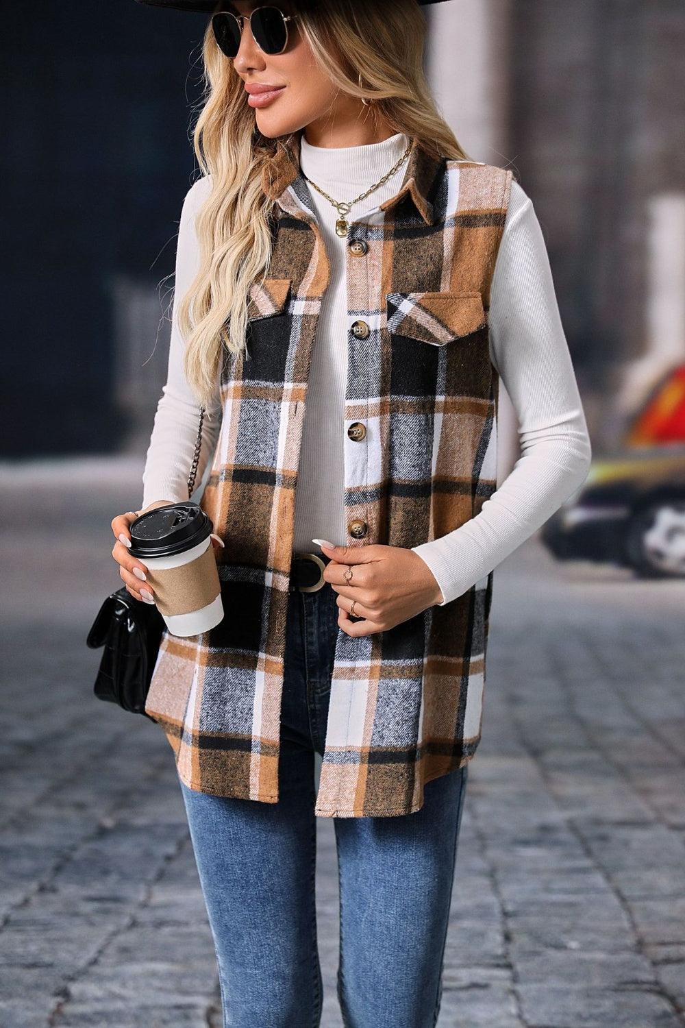 Plaid Button Up Vest Coat - Bona Fide Fashion