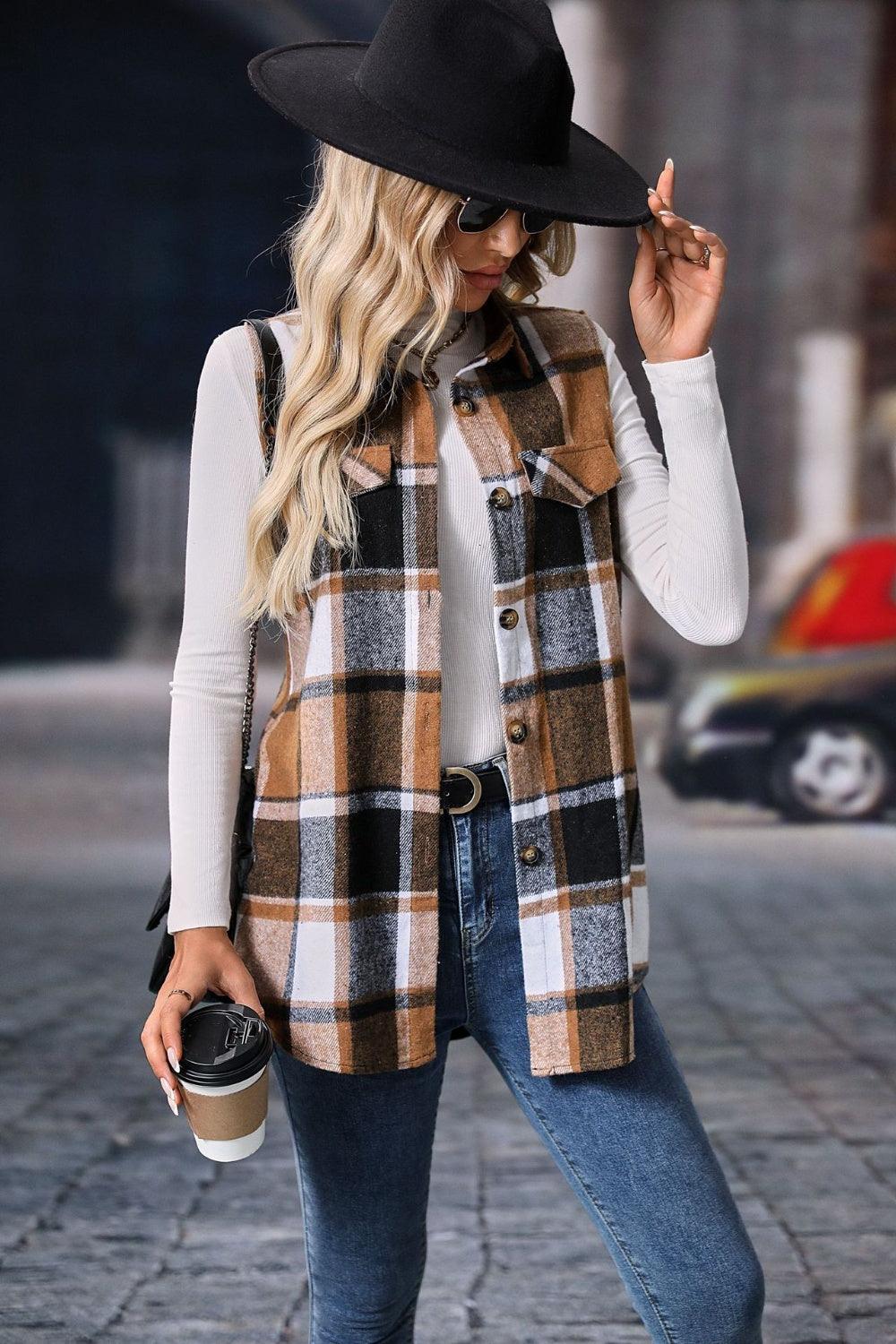 Plaid Button Up Vest Coat - Bona Fide Fashion