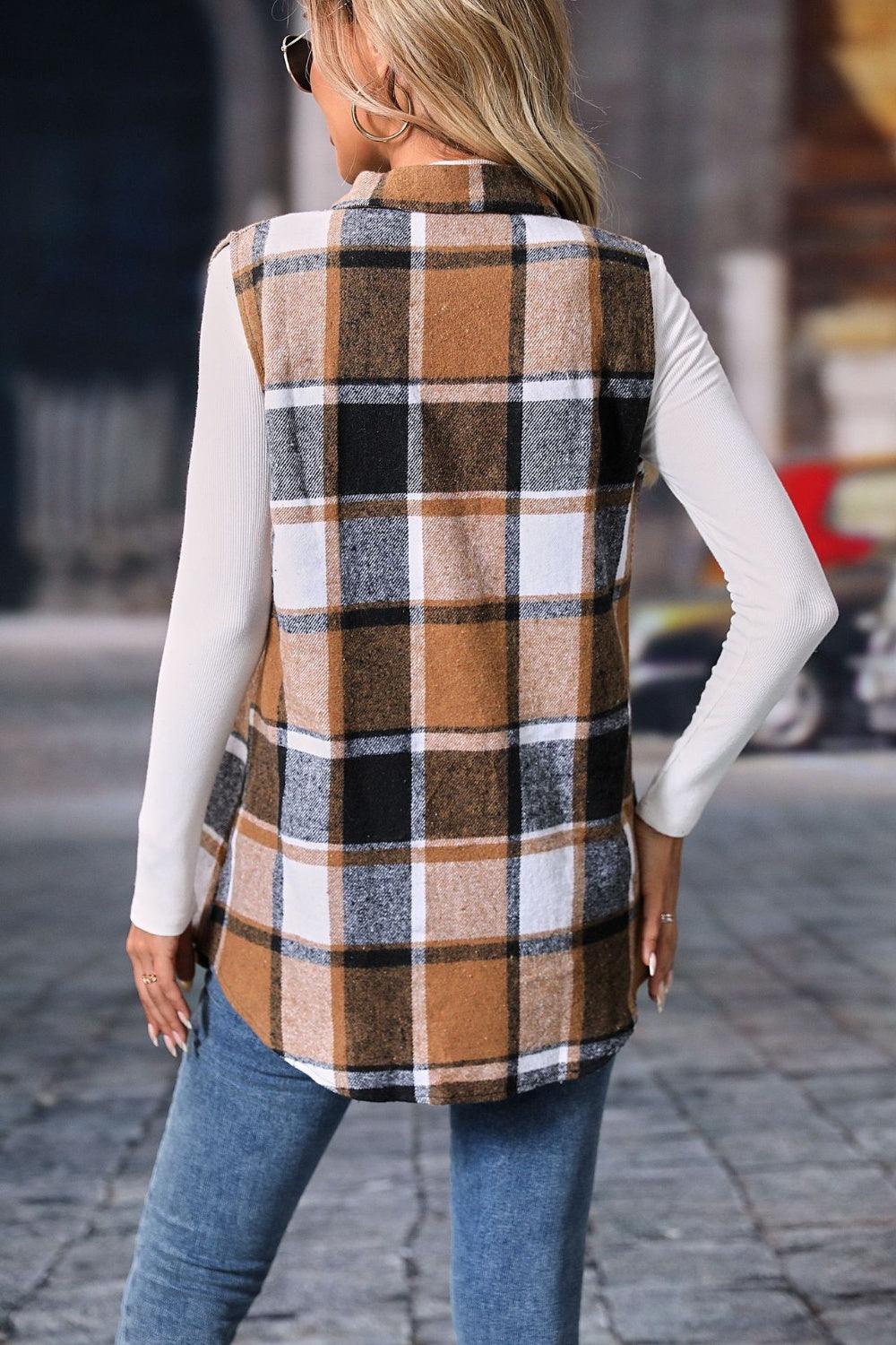 Plaid Button Up Vest Coat - Bona Fide Fashion