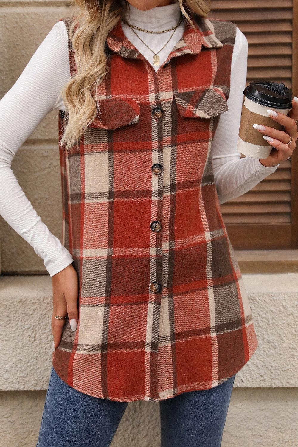 Plaid Button Up Vest Coat - Bona Fide Fashion