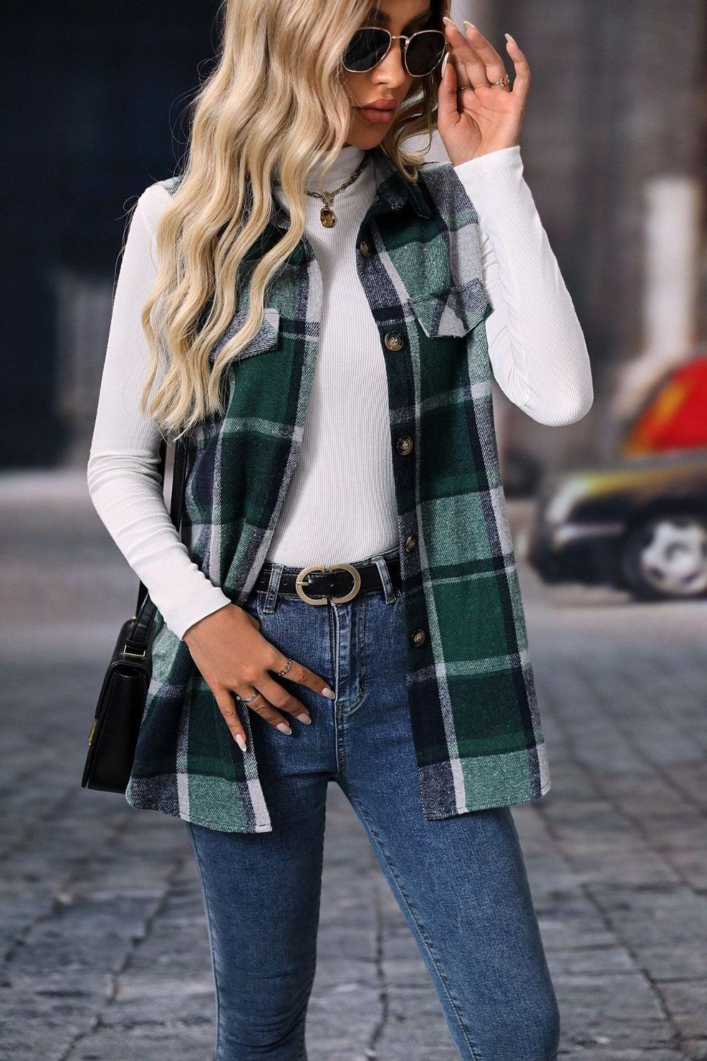 Plaid Button Up Vest Coat - Bona Fide Fashion