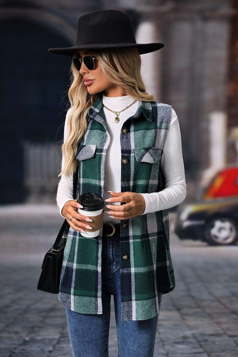 Plaid Button Up Vest Coat - Bona Fide Fashion