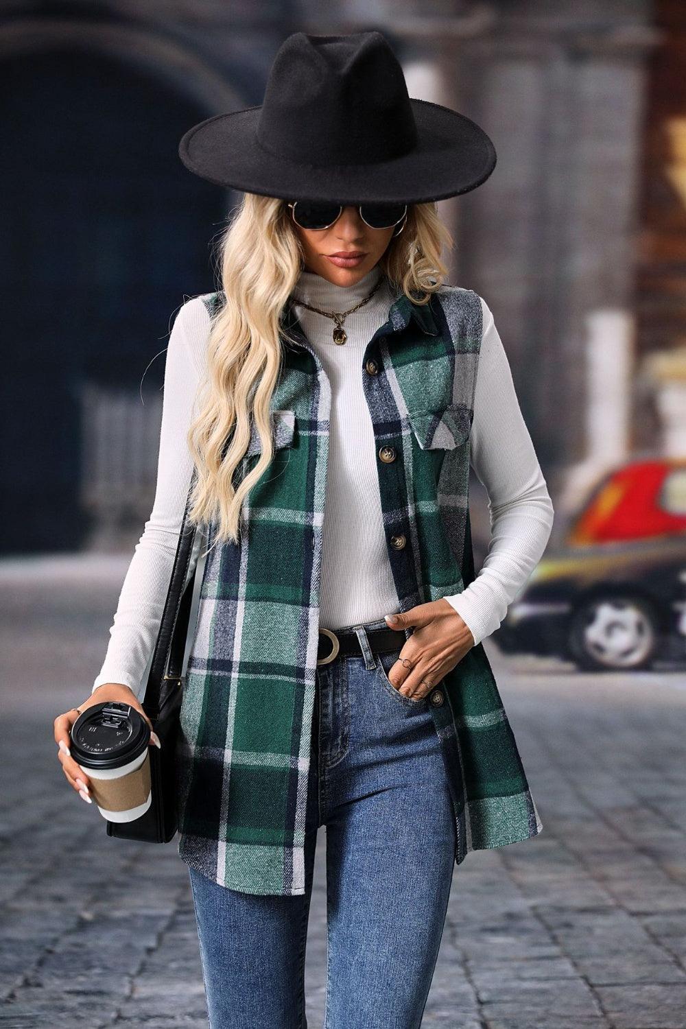 Plaid Button Up Vest Coat - Bona Fide Fashion