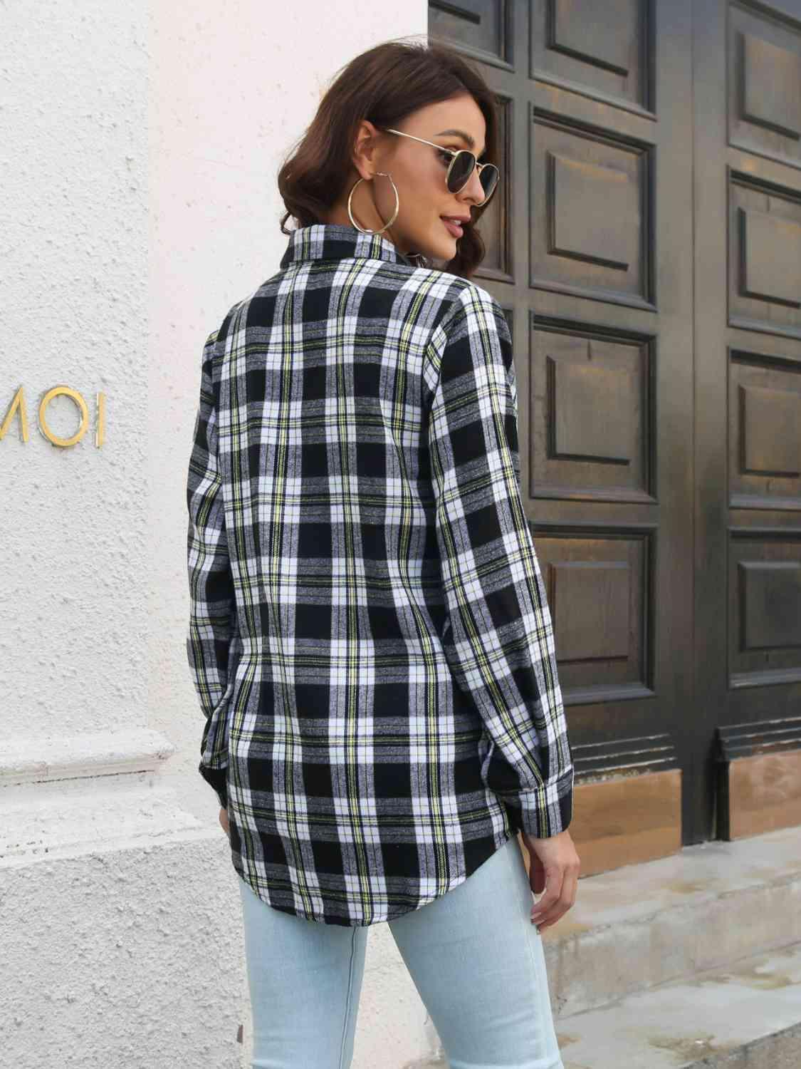 Plaid Collared Neck Buttoned Shirt with Pockets - Bona Fide Fashion