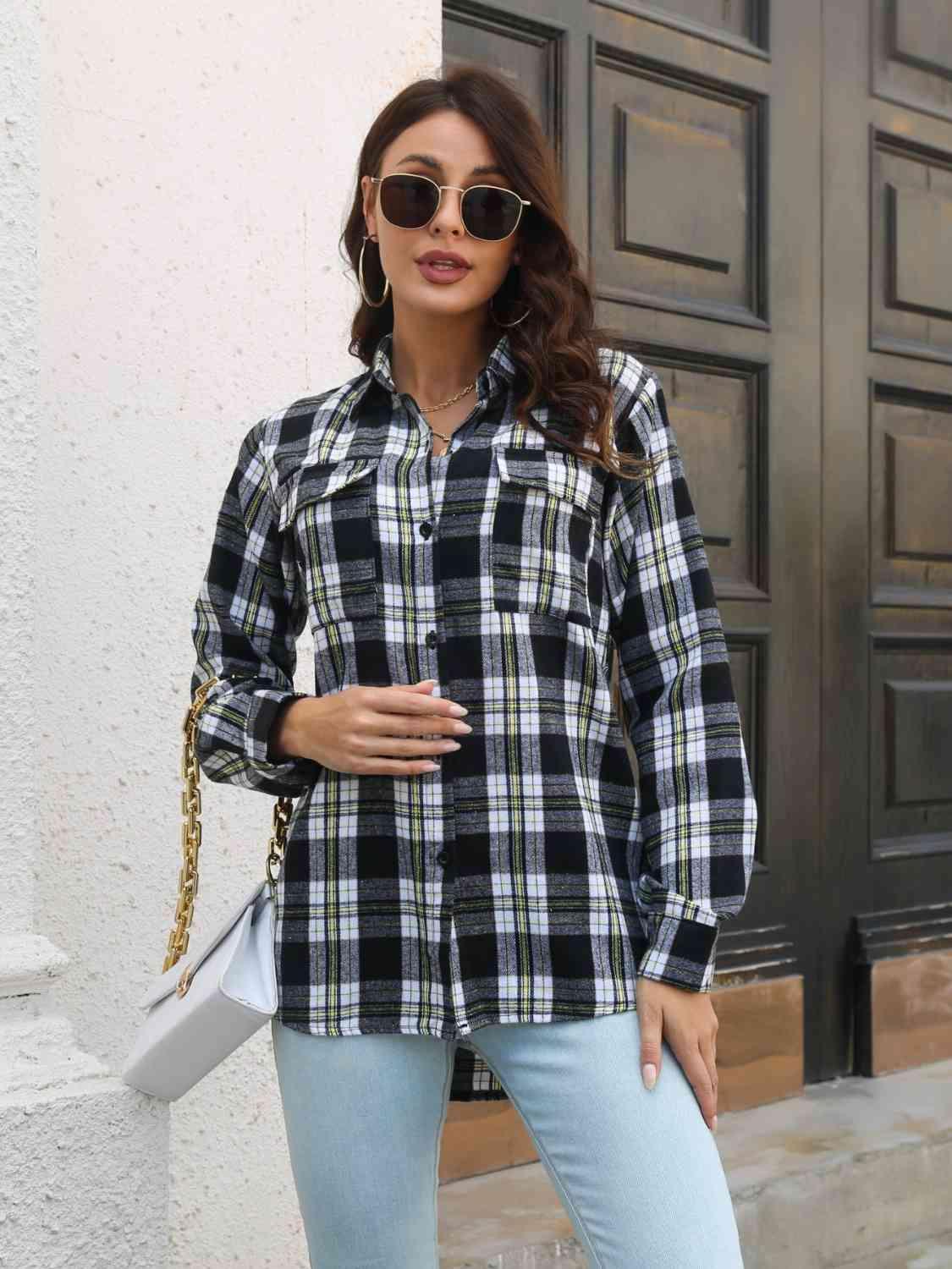 Plaid Collared Neck Buttoned Shirt with Pockets - Bona Fide Fashion
