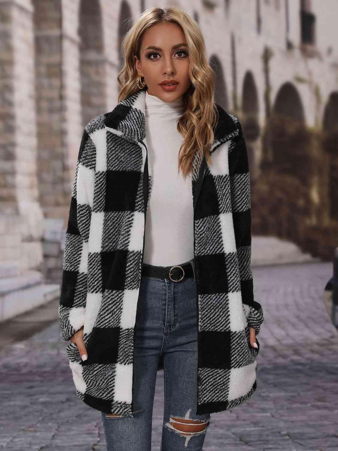 Plaid Collared Neck Coat with Pockets - Bona Fide Fashion