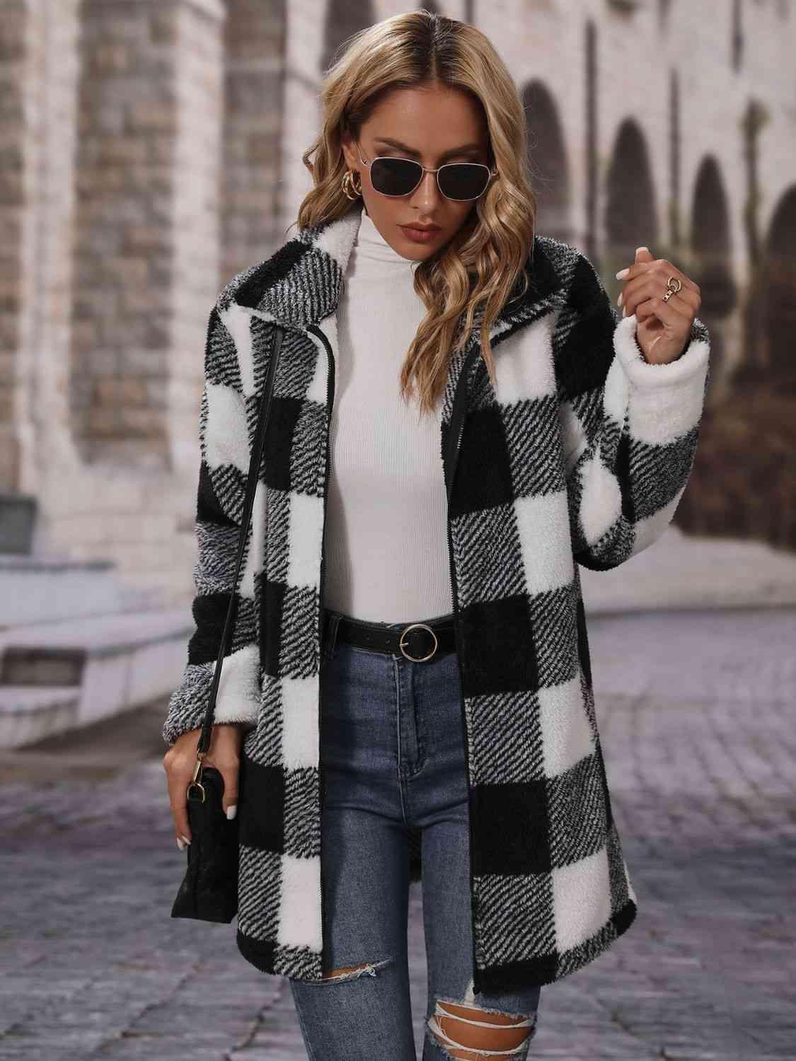 Plaid Collared Neck Coat with Pockets - Bona Fide Fashion