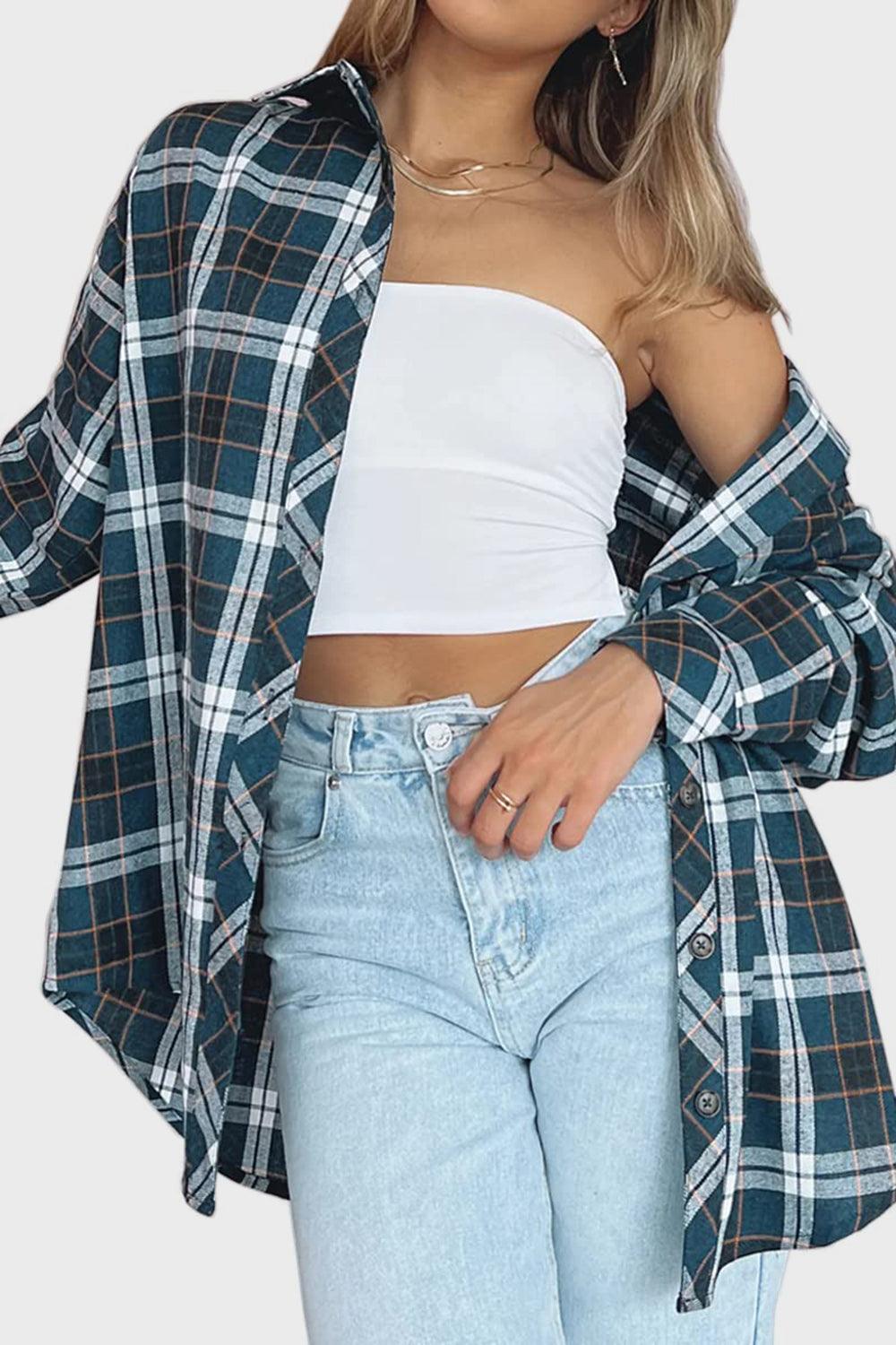 Plaid Collared Neck Long Sleeve Shirt - Bona Fide Fashion