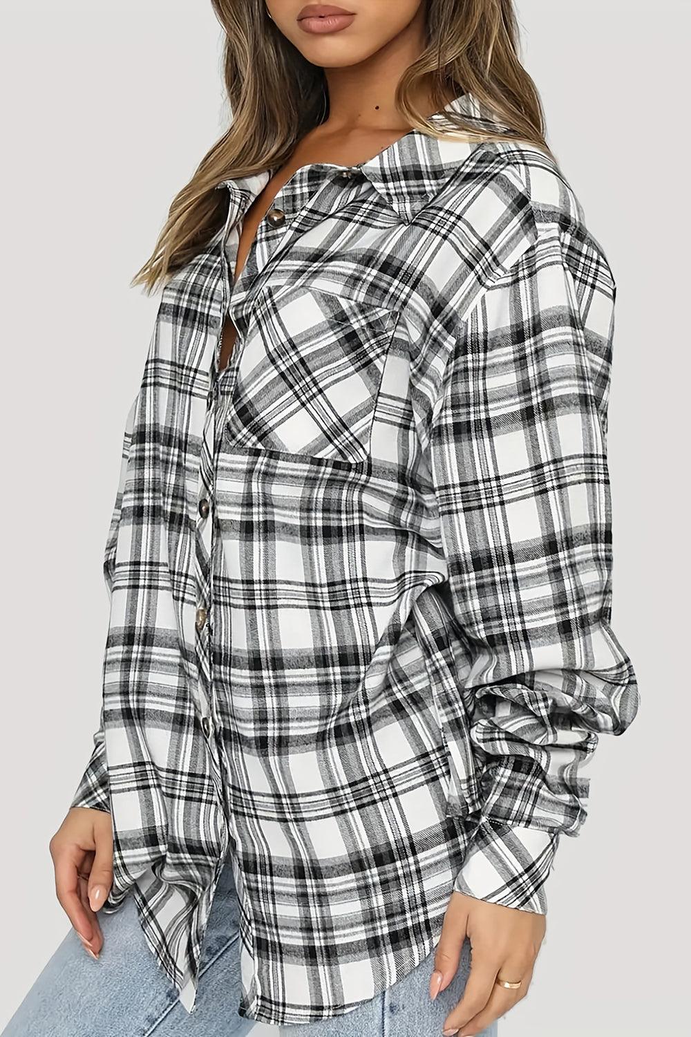 Plaid Collared Neck Long Sleeve Shirt - Bona Fide Fashion