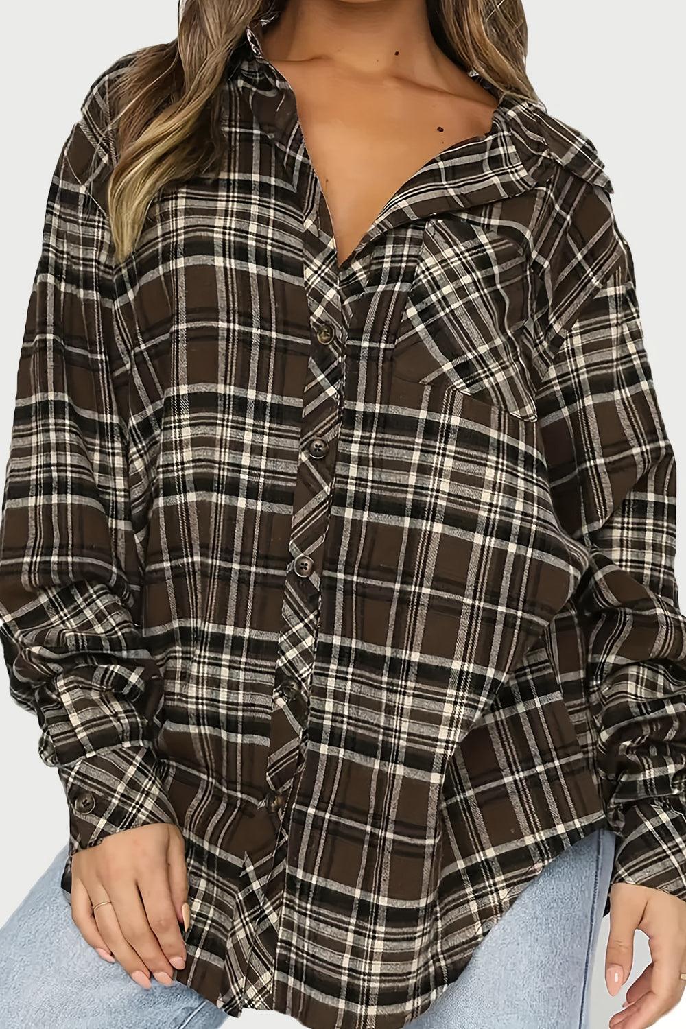 Plaid Collared Neck Long Sleeve Shirt - Bona Fide Fashion