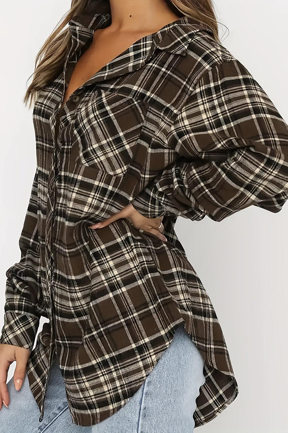 Plaid Collared Neck Long Sleeve Shirt - Bona Fide Fashion