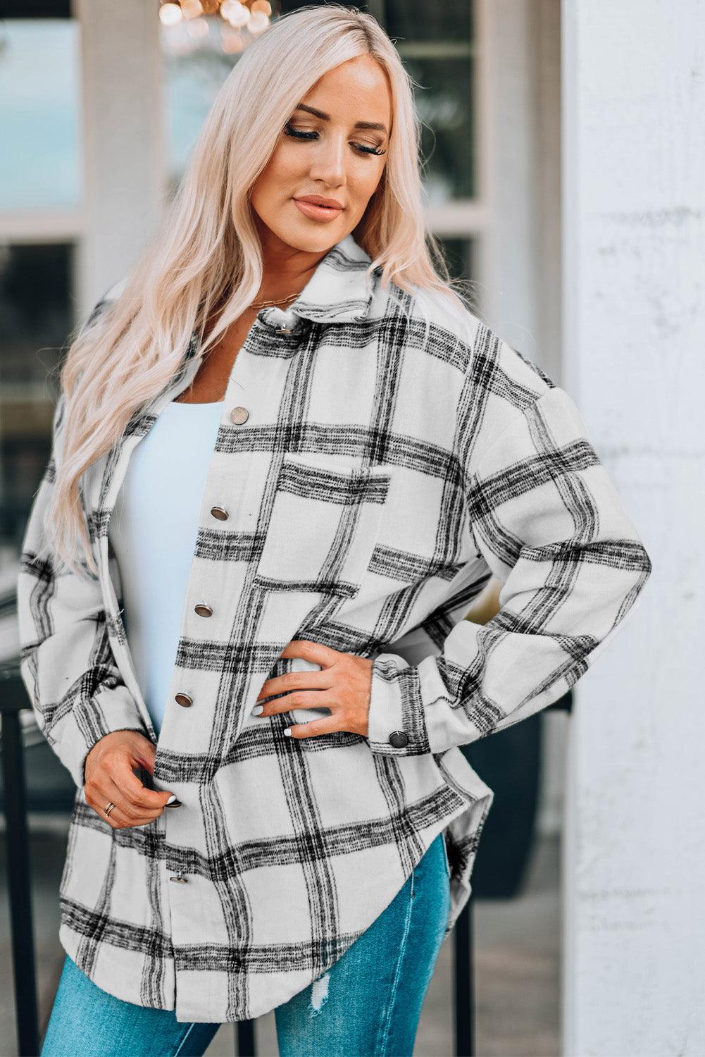 Plaid Curved Hem Dropped Shoulder Longline Shirt Jacket - Bona Fide Fashion