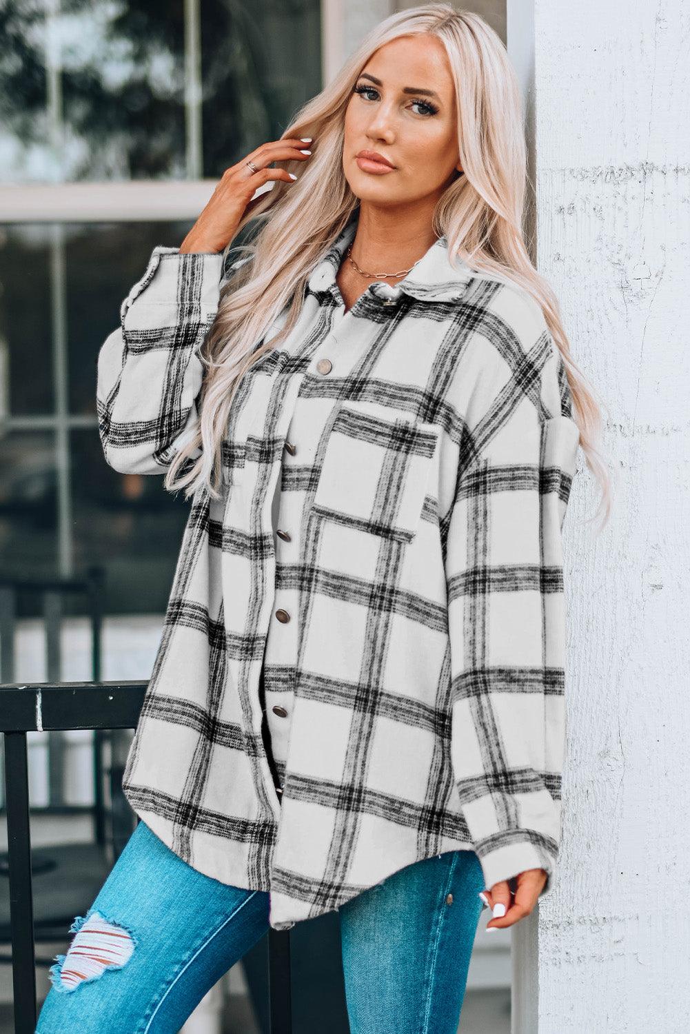 Plaid Curved Hem Dropped Shoulder Longline Shirt Jacket - Bona Fide Fashion