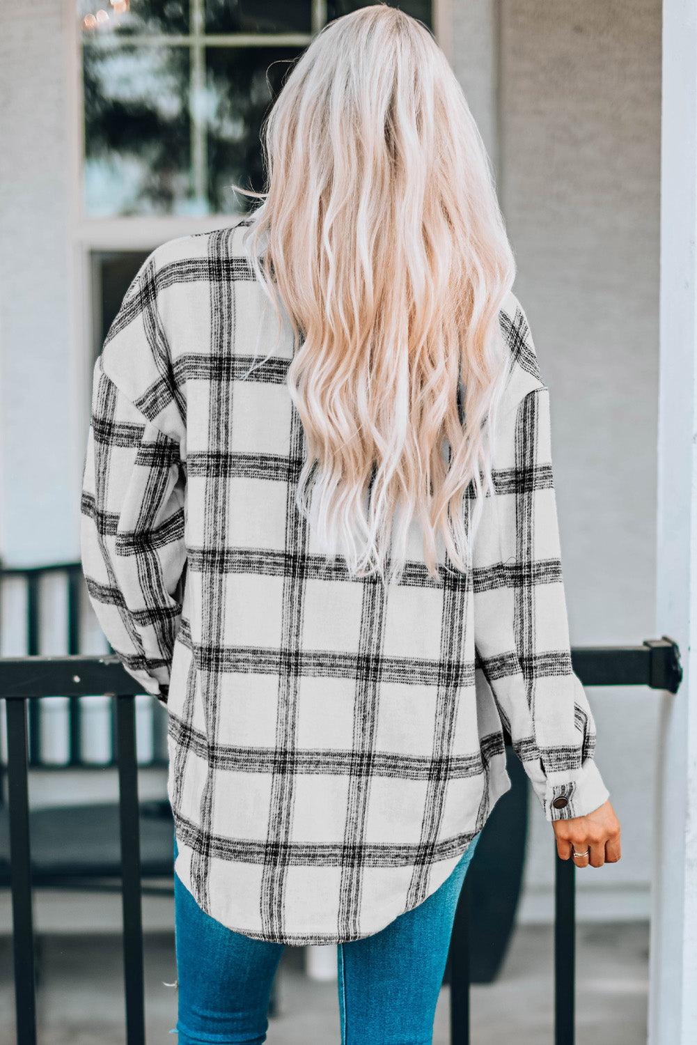 Plaid Curved Hem Dropped Shoulder Longline Shirt Jacket - Bona Fide Fashion